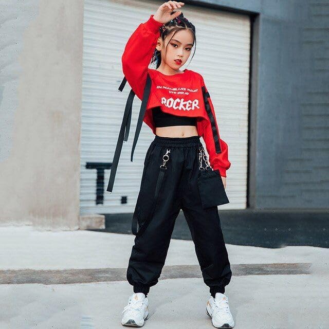 Ameeha Hip Hop Dance Costume Set, Crop Top, Tank Top, Cargo Jogger Pants, 3-Piece Street Style Outfit (Red, 10 Years-11 Years) 2