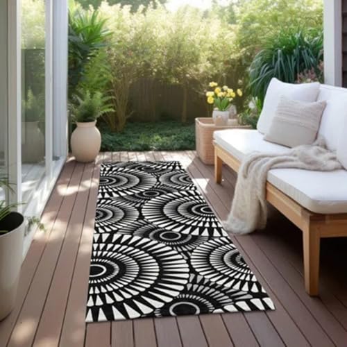 Image of SAGON 2x5 Ft Printed Runner Carpet - Cotton Bedside Rug for Bedroom & Living Room (Black Circul)