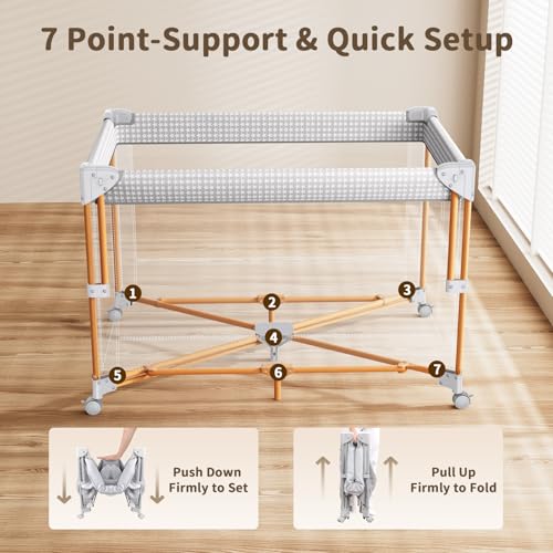 Image of 4 in 1 Baby Bassinet, One-Push Setup Pack and Play, Bedside Crib Sleeper with 3 Height Adjustable,Diaper Changer, Come with Comfy Mattress, Rotating Toy Bar, from Infants to Toddlers (Grey)