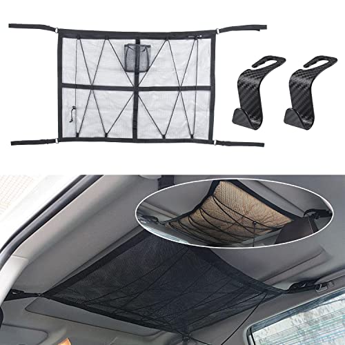 Filet de Rangement Camping Car,90x65cm Filet Rangement Camping Car,Filet de Rangement pour Toit de Voituret avec 2 Crochets de Dossier de Siège de Voiture,pour Quatre Accoudoirs de Toit pour SUV, Van Cover