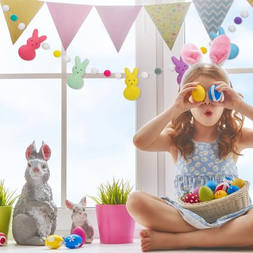 Image of JarThenaAMCS Easter Felt Banner 3D Colorful Bunny Garland Double-Sided Rabbit Pom Ball Bunting Garland for Spring Party Supplies Home Mantel Office Classroom Outdoor Indoor Hanging Decoration