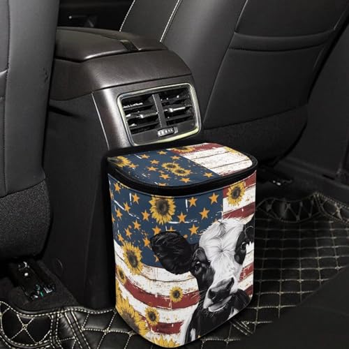 Image of Talayituse Cow Sunflower American Flag Print Car Trash Can with Adjustable Straps, Foldable Car Trash Bag Bin Car Garbage Bag Multipurpose Storage Box for Vehicle Travel Camping Picnicing
