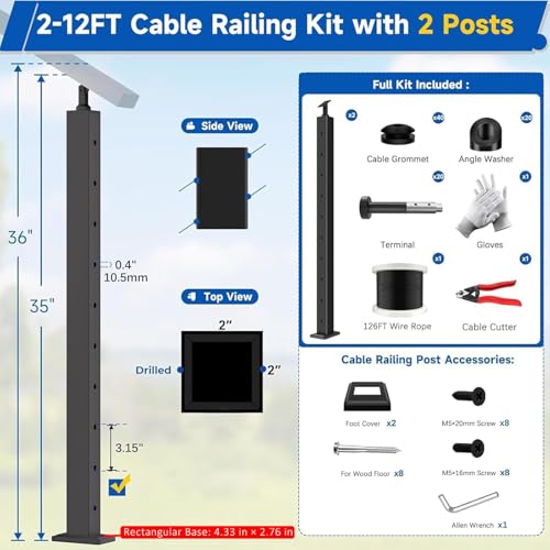 Image of 36 inch 2-12FT Swageless Modular Black Cable Railing System Post Kit with 2 Stair Posts Fit 28-38 Degree Stairway, T304 Stainless Steel, Patent Reusable Cable Railing Kit, Upgraded Powder Coated