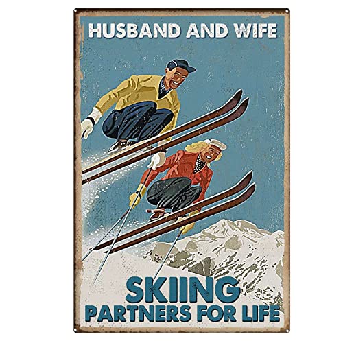 Oudrspo Vintage Marito e Moglie Sciatori Partner Vita Sci Amanti Sciatore Poster Metallo Alluminio Targa in Latta 12x16 Pollici Decorazione da Parete