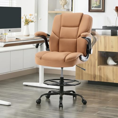 Image of Drafting Chair 500Lbs, Tall Office Chair for Standing Desk, High PU Leather Executive Office Chair with Flip-up Armrests, Ergonomic High Chair with Adjustable Foot Ring, Comfy Stool Chairs, Brown