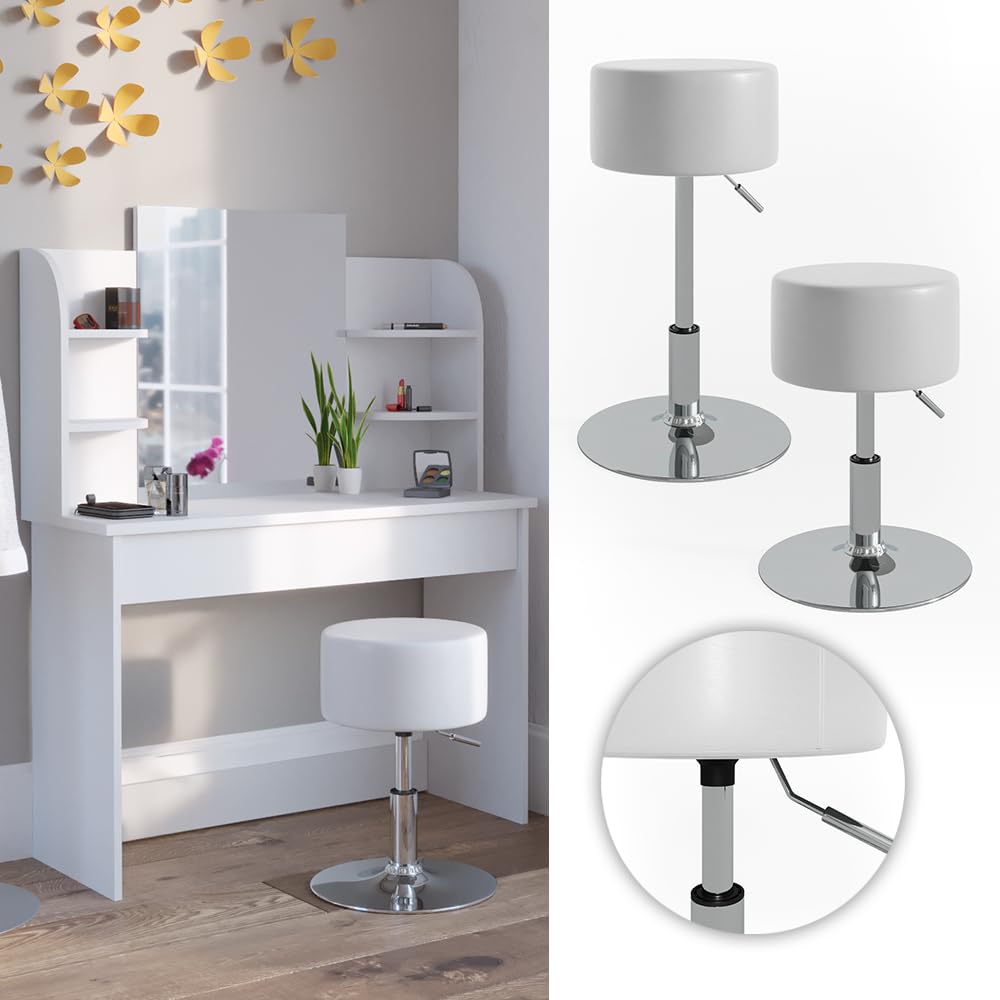 Vicco Taburete Design, Blanco, 33.5 x 67 cm para tocador, Ajustable en Altura con tapizado de Cuero sintético Resistente