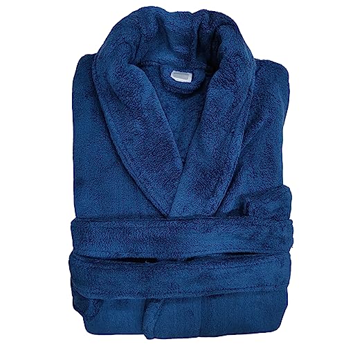 Image of Cotton Bolls Textiles Microfiber Fleece Bath Robe for Men | Shawl Collar With Long Sleeves| Lint Free | Anti-Bacterial | Super Soft Fabric (XL, Navy)