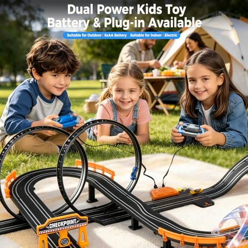 Image of Electric Slot Car Race Track Sets with 4 High-Speed Racing Slot Cars Dual Racing Game with 2 Controllers Circular Overpass Track Featuring Flash Bridge Pendulum Gifts Toys for Boys Kids Age 6 7 8-12