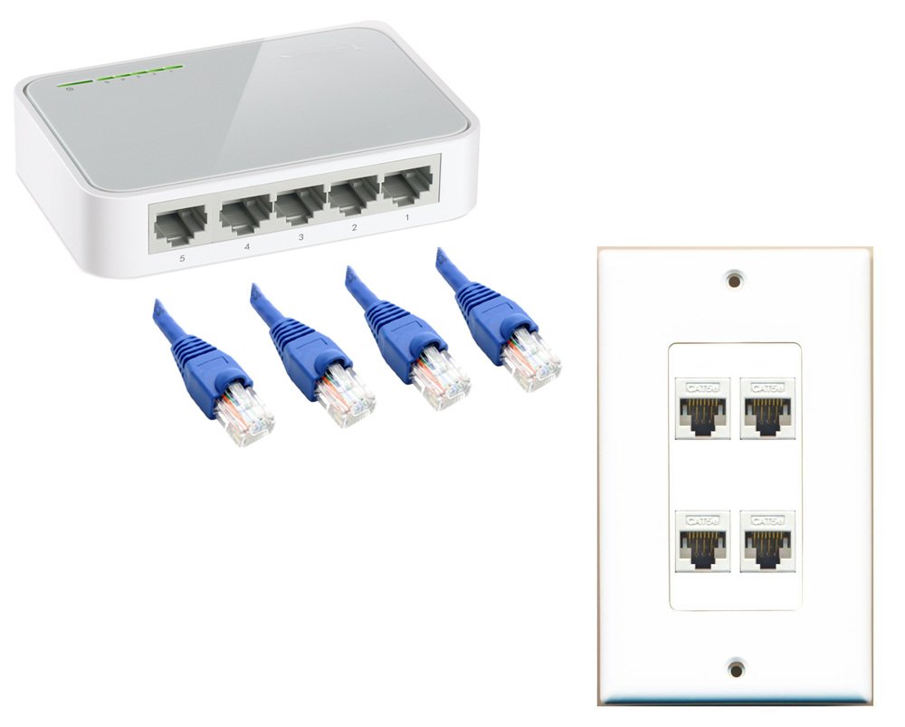 RiteAV 4 Anschlüsse CAT5e Ethernet Splitter-+ 4 pcs 7 ft CAT5e blau Kabel