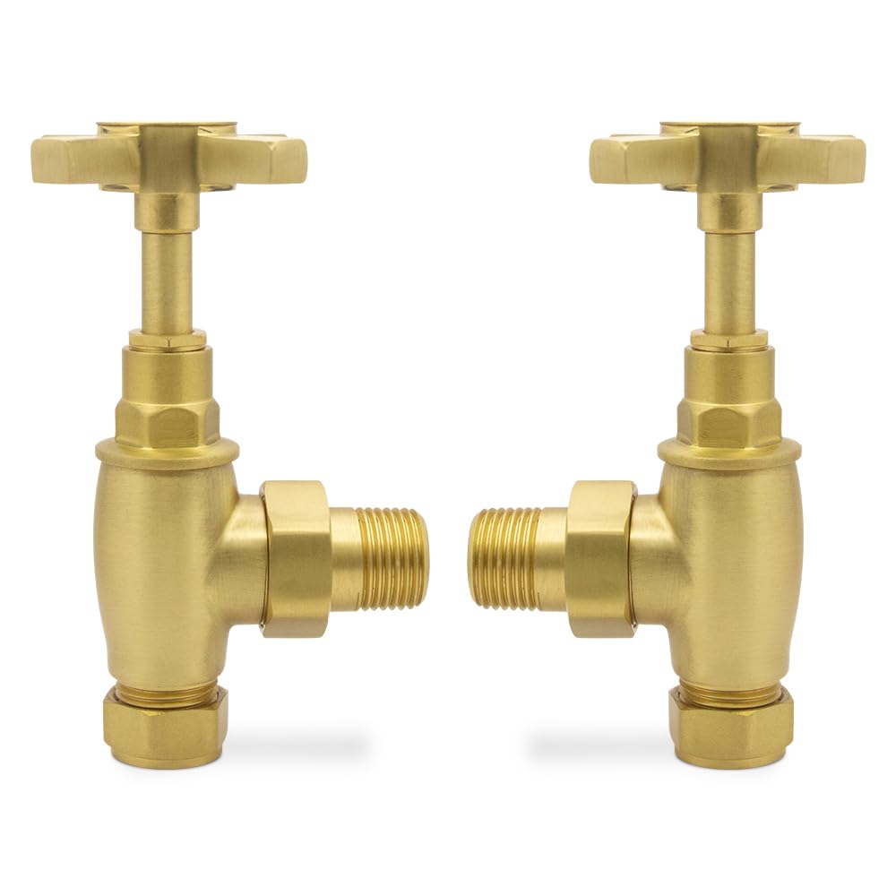 Valve Kings Brushed Brass Angled Crosshead Valves For Radiators & Towel Rails