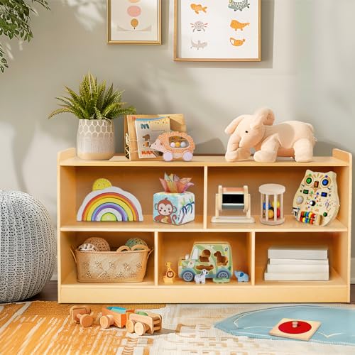 Image of Montessori Shelf, Wooden Toy Storage Organizer for Books Toys, 2 Shelf Bookcase, 5-Section Storage Cabinet, Toddler Book Shelf for Kids Rooms, Playroom, Nursery, Kindergarten