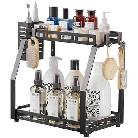 USHARP Bathroom Organizer Countertop, 2 Tier Bathroom Counter Organizer Rack for Toiletries, Bathroom Organizer Storage Caddy, Standing Vanity Shelf Tray, Sturdy Metal Black, Medium 12.1''L x 7.6''W Cover