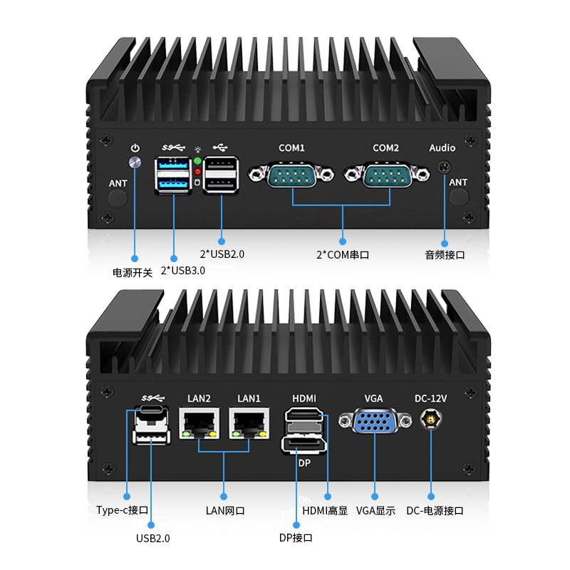 Mini PC industriale, mini PC senza ventola N100 con DDR5 1* M.2 MNVe, 4K Quad Display/USB3.0/Type-C/Win11, mini computer desktop Dual LAN WiFi/5G, GPIO, 2 RS232 COM (Switch a 2 RS485), NO RAM