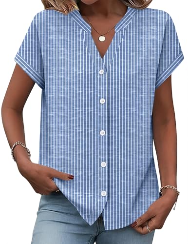 Zeagoo Button Down Shirt for Womens Short Sleeve Blouse Business Casual Collared Work Office Tops Striped Clothes