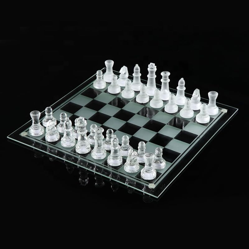 Juego de Ajedrez de Vidrio - AMATOYS - Tablero 28 x 28 cm - Piezas de Vidrio con Base de Fieltro - Set de Ajedrez Elegante y Educativo para Adultos y Ninos