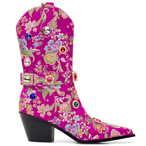 Image of LOCERICH Women Rhinestone Cowboy Sparkly Cowgirl Boots Diamond Western Floral Embroidery Mid Calf Booties