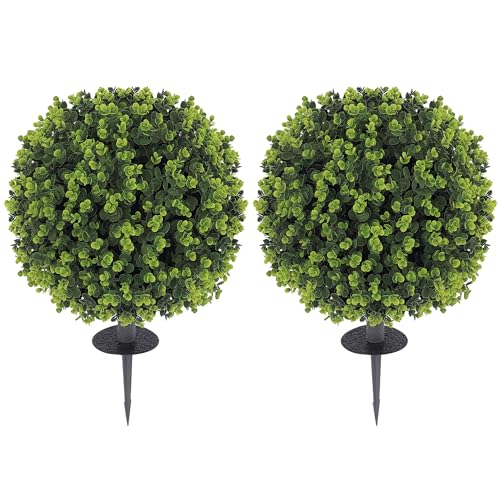 HOMCOM 2er-Set Künstlicher Buchsbaumkugeln 40 cm Kunstpflanze mit Erdspieß, künstliche Pflanzen Plastik wie echt Deko mit UV-Schutz für Wohnzimmer Schlafzimmer Büro Garten