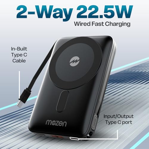 Image of Mozen Surge Air X1 (2-in-1) Wired+Wireless Power bank /MagSafe PowerBank 10000mAh Slim Design with Built-in Display,Stand&Cable, 22.5W Type-C Input /Output+18W USB-A,15W Qi Wireless for Android&iPhones.