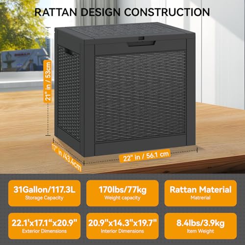 image for KAMABOKO 31 Gallon Outdoor Storage Box, Resin Deck Boxes Indoor and ou