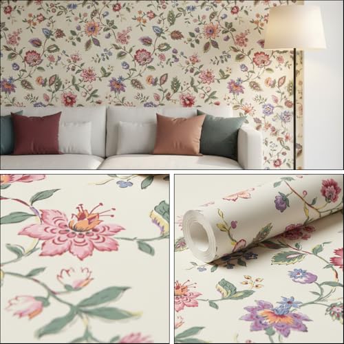 Image of Floral Wallpaper Peel and Stick - Flower Design Self Adhesive Wall Paper for Living Room, Bedroom, Kitchen, Removable Waterproof Wall Decor (MG37, 16X96 Inch)