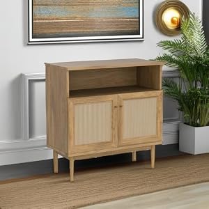 mopio Haylee Rattan Storage Cabinet Modern Farmhouse Boho Accent Buffet Sideboard Case Natural Rattan Media Console Table Credenza with Doors Adjustable Shelves for Kitchen Living Room Oak