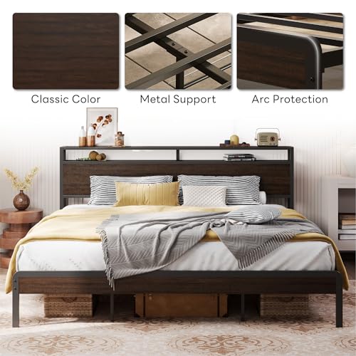 Image of LIKIMIO California King Bed Frame with Headboard, Dark Wood Camas California King with Strong Supports, Sturdy, Noise-Free, No Box Spring Needed, Dark Brown