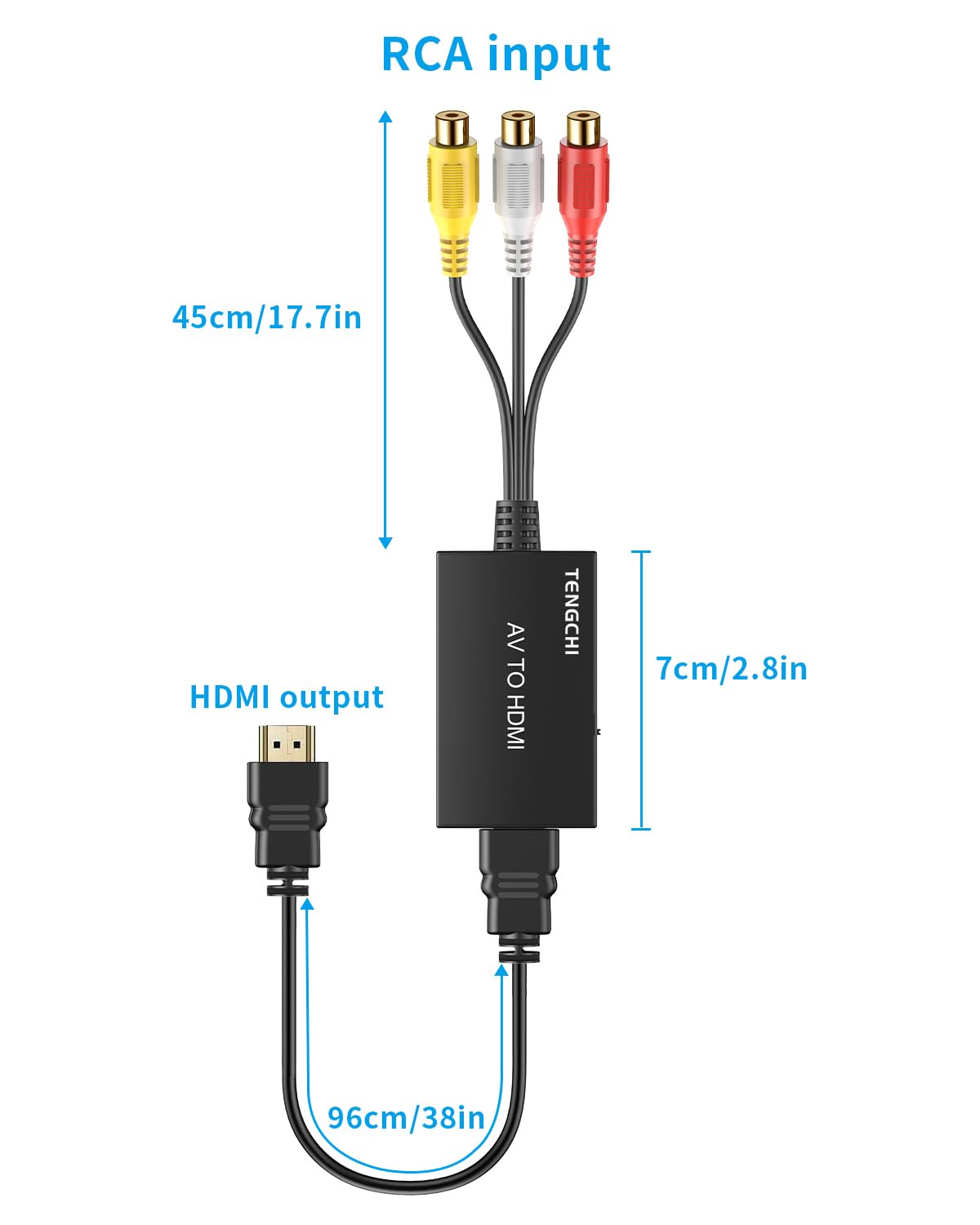 Tengchi Konwerter RCA na HDMI, adapter kompozytowy na HDMI obsługuje 1080P PAL/NTSC kompatybilny z PS one, PS2, PS3, STB, Xbox, VHS, VCR, Blue-Ray odtwarzaczami DVD, czarny