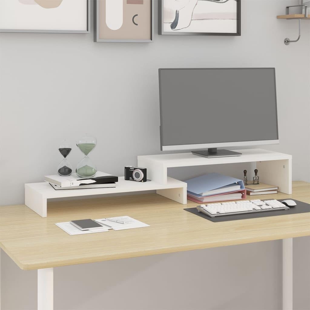 Supporto per monitor bianco in legno di pino massiccio, regolabile in altezza, 52-101 x 22 x 14 cm, supporto da scrivania con ripiano per tastiera per casa, gaming, workstation e ufficio
