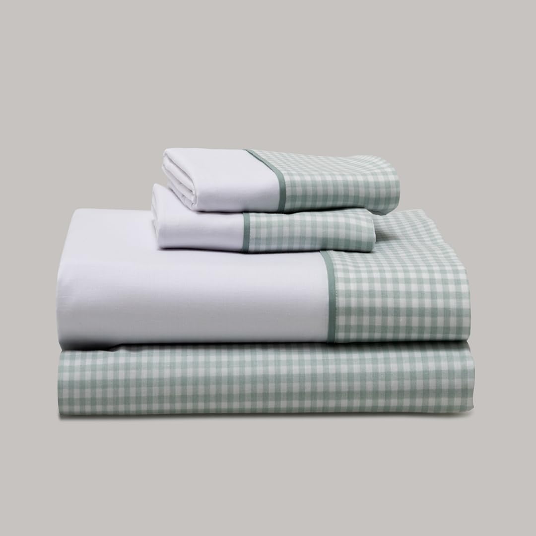 Sábanas Verde Agua Vichy Sábanas de 200 Hilos para Cama 160-100% Algodón Suave - Sábana Encimera, Sábana Bajera Ajustable y Dos Fundas de Cojines