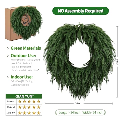 Image of 24 inch Norfolk Pine Christmas Wreath for Front Door - Large Artificial Greenery Wreath for Wall, Porch, or Indoor Outdoor Holiday Decor - Real Touch Pine Foliage (1, 24 inch)