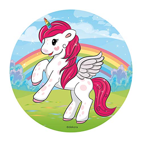 dekora - Disco Comestible de Unicornio para Decoración de Tartas de Cumpleaños - Ø 20cm - Disco comestible sin azúcar, sin gluten y sin lactosa - Decoración comestible para tartas