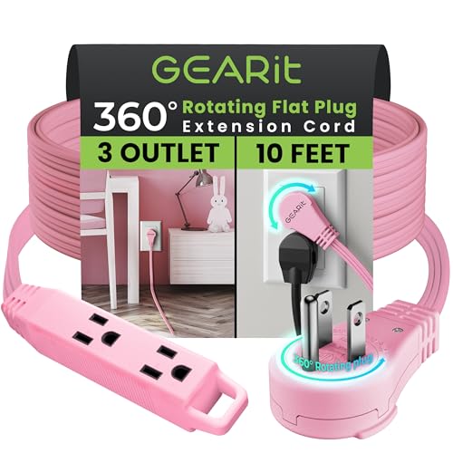 GEARit 360 Rotating Flat Plug Extension Cord 3 Outlet 16 AWG 10 Feet Pink