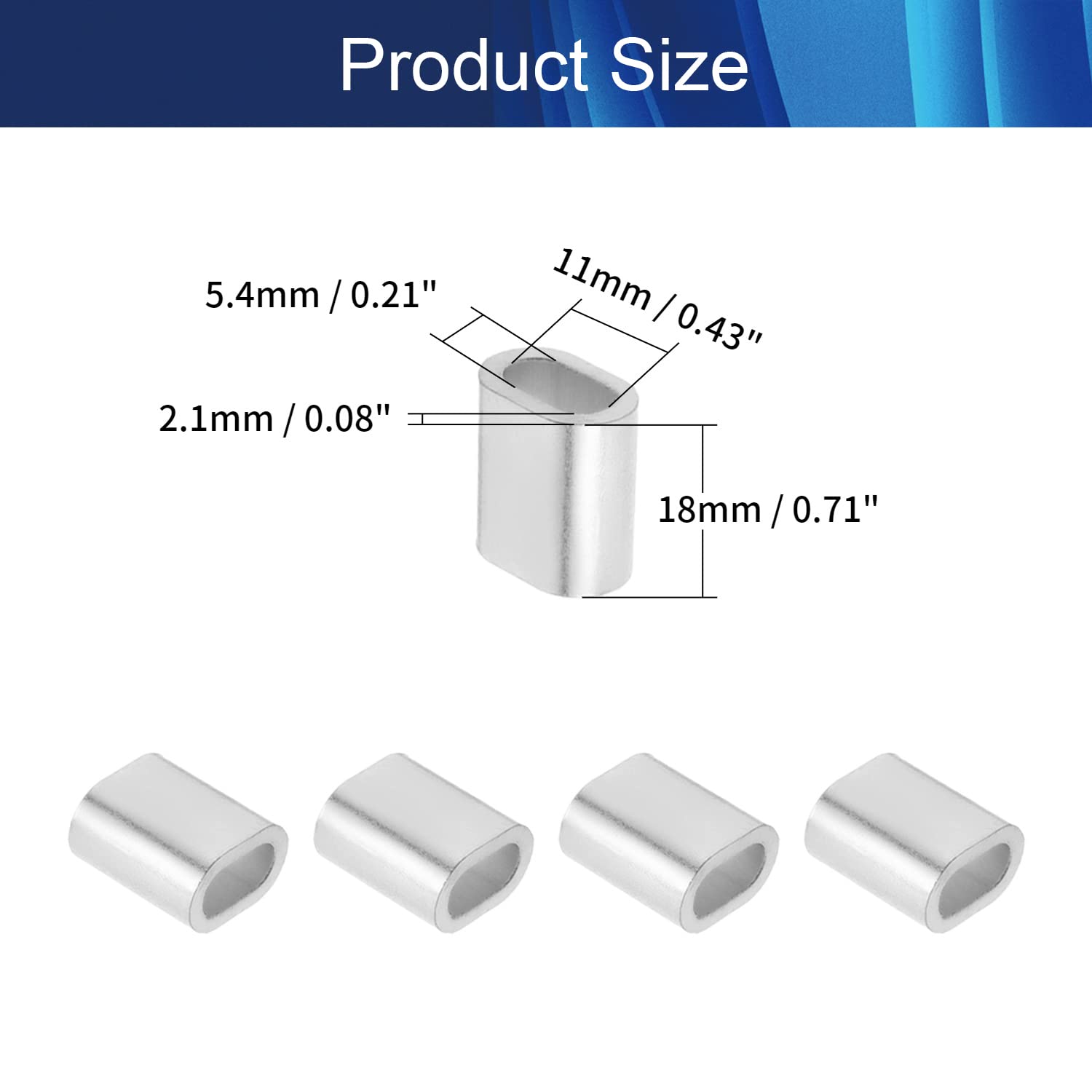 Juvielich Aluminum Crimping Loop Sleeve Oval Sleeve for Wire Rope and Cable Line End Assortment Silver 5.4mm 100PCS