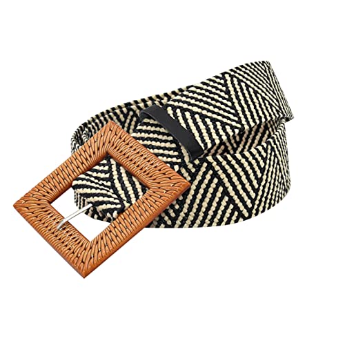 Women Belts For Dresses Elastic Straw Rattan Waist Band With Wood Buckle Belts Automatic