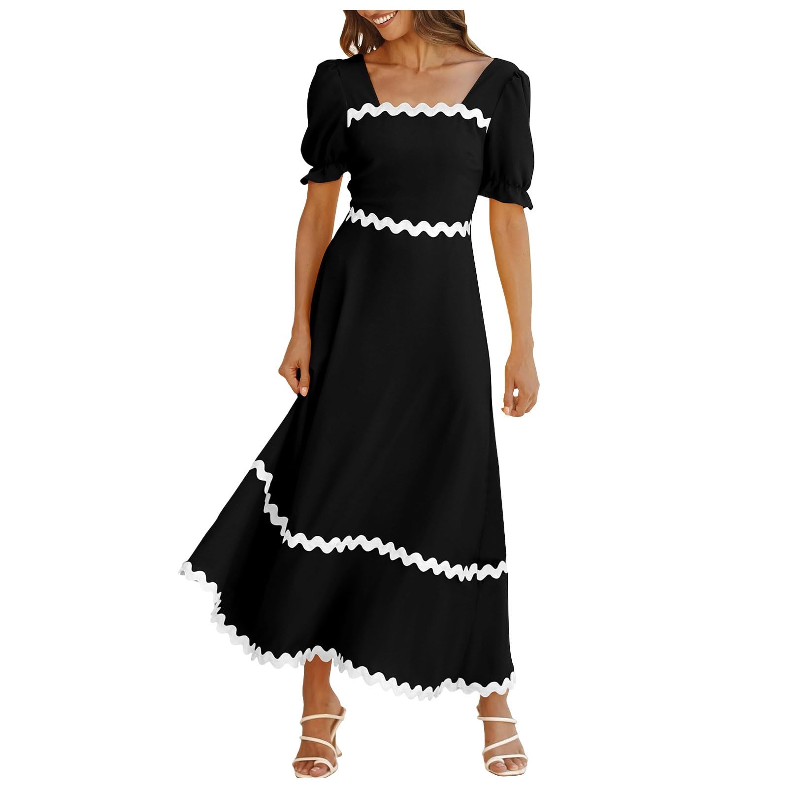 YOGALULU Vestido Militar Mujer con Cuello Cuadrado y Manga Corta abombada, Informal, RIC Rac, con en la Espalda, Fruncido, línea A, Vestidos Largos fluidos Vestido Plumas