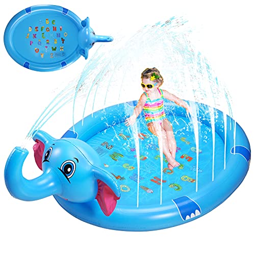 Maikerry Splash Pad for Kids, Large Upgraded 3 in 1 Splash Pad Sprinkler Pool, with Elephant & Letters Summer Outdoor Water Toys Inflatable Splash Sprinkler Pad for Babies Toddlers and Boys Girls