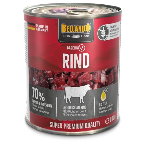 BELCANDO Baseline Nassfutter für Hunde, Rind, 6X 800g Dose, 70% Fleisch für ausgewachsene Hunde, Hundefutter nass ohne Getreide, Made in Germany