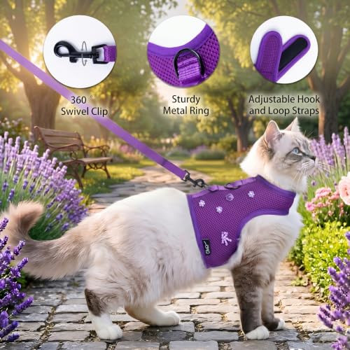Image of Kitty Harness and Leash for Walking Escape Proof Breathable Mesh Fabric, Purple, X-Small, Adjustable Cat Walking Jackets, Padded Stylish Cat Vest