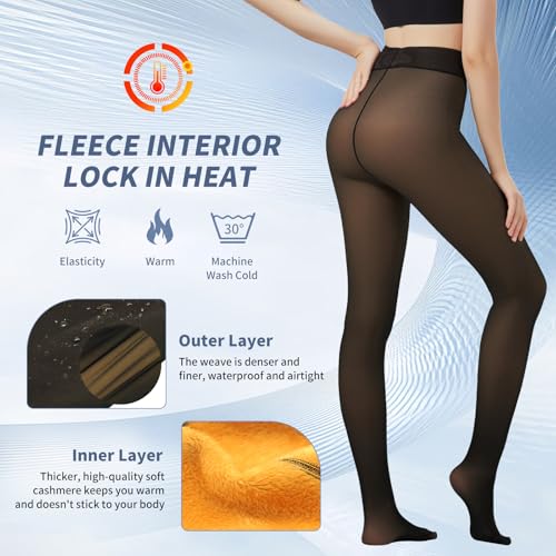 2 Pairs Women Fleece Lined Tights - Invisible Crotch Warm Fake Translucent High Waist Women Thermal Tights4