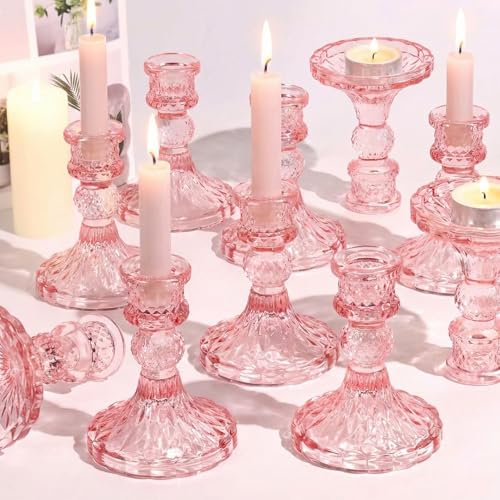 Simeitol Glass Candle Holder Set of 12, Pink Taper...