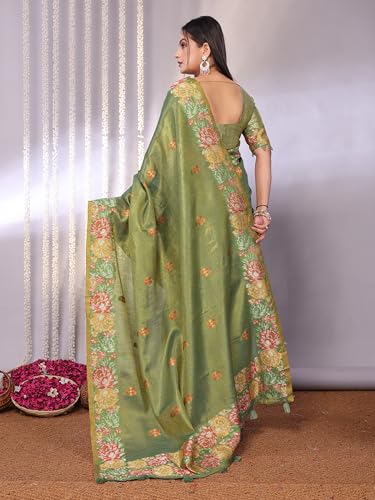 Image of SWORNOF Gold-Toned Woven Design Silk Zari Tissue Saree | Saree for Women | Soft and Skin Friendly