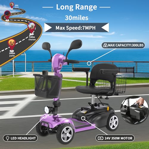 Image of Mobility Scooter for Seniors /Adults,20 /35 Miles up to 300lbs Capacity, 4 Wheels Mobility Scooters 350W 7MPH,USB Charging Detachable Lithium Battery with Rear Mirror