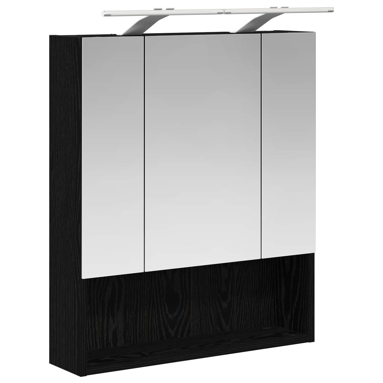 Szafka łazienkowa z lustrem w kolorze czarnym o wyglądzie dębu, 60 x 14,5 x 70 cm, materiał drewnopochodny z miejscem do przechowywania i 2 półkami, montowana na ścianie, z paskami LED i