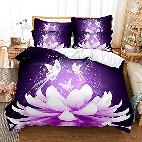 Funda Nordica Cama 90 Iris Morado, Hipoalergénico Ropa de Cama 135x200 cm, 1 Funda Edredón + 2 Fundas de Almohada 50x75 cm (Cierre de Cremallera)