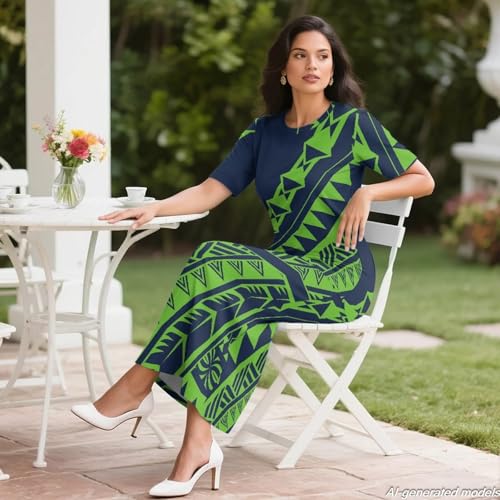 Image of Polynesian Dress for Women Short Sleeve High Waist Maxi Skirt | Puletasi dress, t-shirt and skirt two-piece, elastic material, lightweight, soft, plus size, luau party, wedding, clubwear