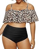 Daci Women Plus Size Bikini Sets High Waisted Ruffle Two Piece Swimsuits Tummy Control Off Shoulder Bathing Suits Leopard 18 Plus