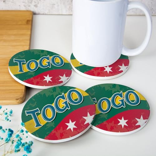 Lot de 4 sous-verres ronds en céramique avec drapeau du Togo - Absorbants - Pour décoration de cuisine, table basse
