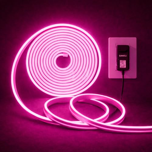 Image of Pink Neon LED Rope Lights 16.4ft (5 Meter) 600 LEDs - IP65 Waterproof Flexible Silicone Strip with Adapter for Indoor /Outdoor Use