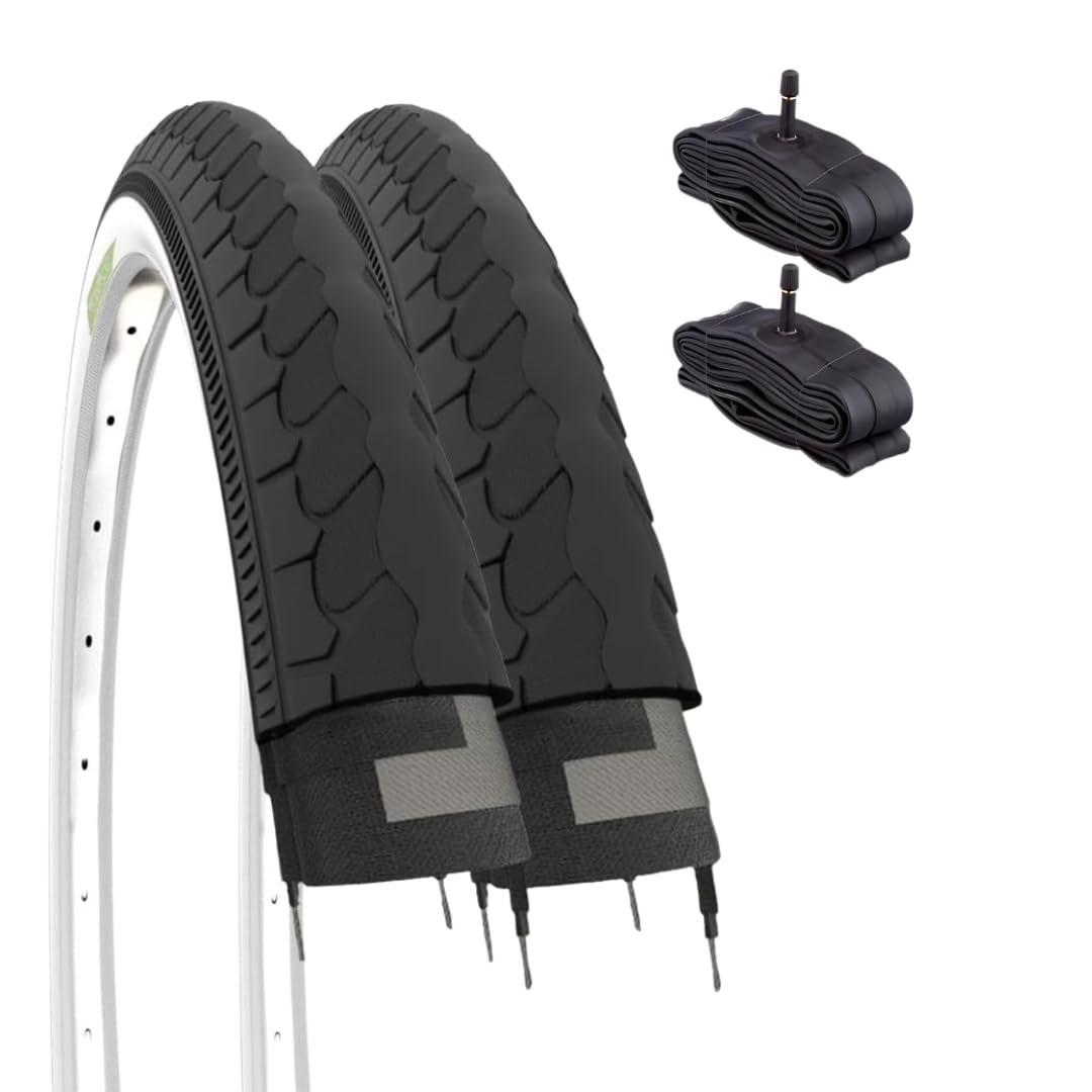 2 tyres 26 x 1 3/8 Black White wall + 2 air chambers American bicycle valve Holland (37-590) white black