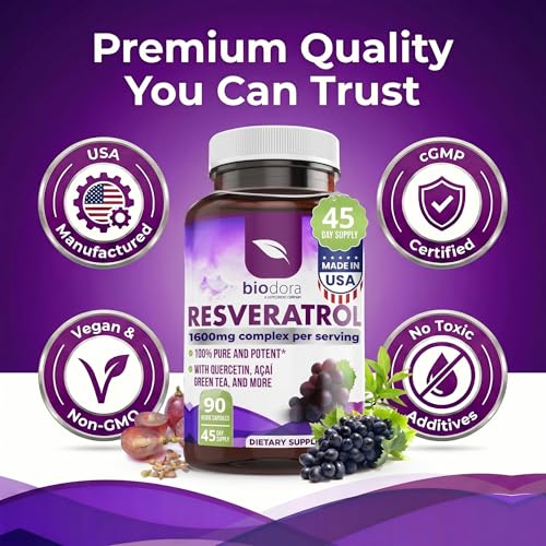 Image of Resveratrol 1600mg - 90 Capsules | Trans-Resveratrol Antioxidant Supplement with Natural Green Tea, Grape Seed Polyphenols & Quercetin, Supports Digestive, Heart Health, Immune System, Brain Function
